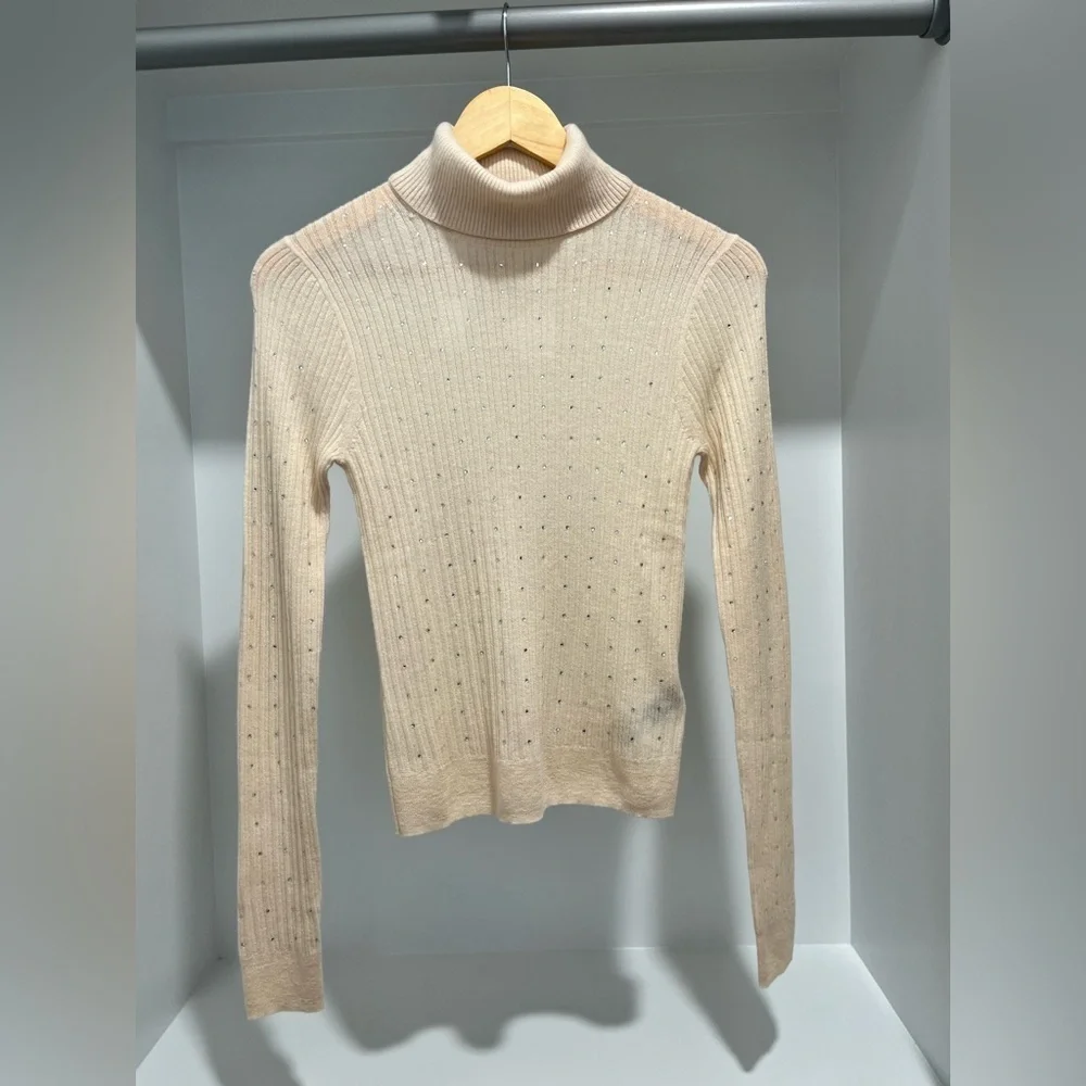 J Crew Featherweight cashmere turtleneck sweater with rhinestones Buttercream S